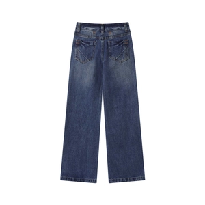 Rear view of vintage wash wide leg jeans showing back pockets and stitching details