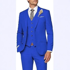 Detailed view of royal blue slim fit three-piece suit jacket and matching vest for men