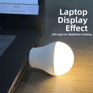 Mini warm white USB night light bulb plugged into a laptop port on a wooden desk