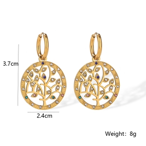 Detail view of 18K gold-plated tree of life earrings with multicolor zircons and dimensions