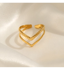 Makroaufnahme eines goldenen V-Rings mit strukturierter und polierter verstellbarer Ringschiene