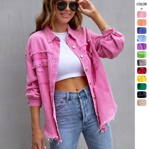 Women Denim Jacket Cotton Distressed Ripped Fringed Raw Hem Streetwear Casual Lapel Long Sleeve Button Down Coat Outerwear