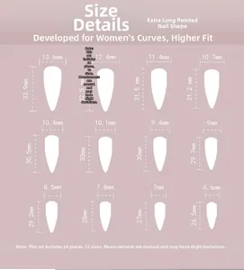 Size chart showing 12 dimensions of extra long stiletto press-on nails on pink background