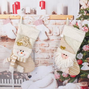 Christmas Stockings Santa Snowman 3D Plush Sequin Beige Gold Hanging Festive Fireplace Mantel Holiday Decorations