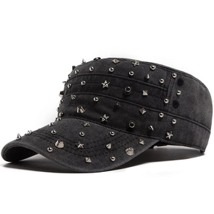 Vintage black washed denim flat top army cap with rock style silver metal rivets