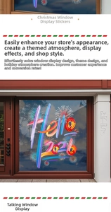 Close-up of Hello 2026 Christmas glass stickers with colorful fireworks on a shop window