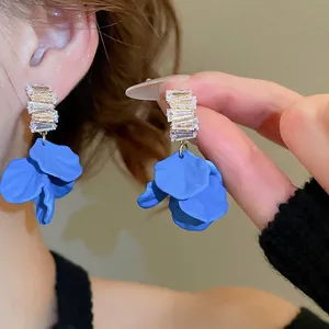 Blue Matte Acrylic Petal Drop Earrings With Zircon And 925 Sterling Silver Earring Post Elegant Floral Jewelry For Women