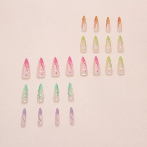 Rainbow juice drip long stiletto press on nails with colorful gradient fluid design