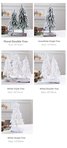 Detailed view of snowy miniature Christmas trees in various sizes for holiday table decor