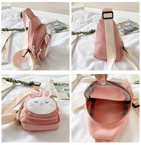 Detail views of pink canvas kids chest bag with cute rabbit design and adjustable strap