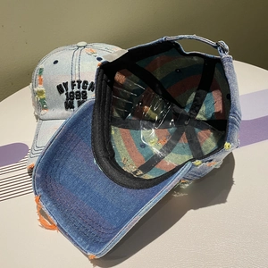 Vintage distressed denim baseball caps with embroidery in light blue and dark blue