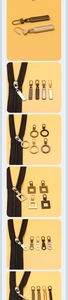 Detailed close-up of universal metal zipper pullers in various shapes and metallic finishes