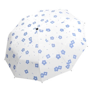 Automatic white umbrella with blue floral pattern for sun and rain protection