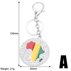 Detail showing dimension and weight of silver African map pendant keychain with rhinestones