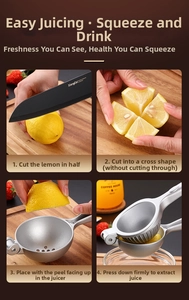 Macro detail of the four-step process for using a zinc alloy manual lemon squeezer juicer