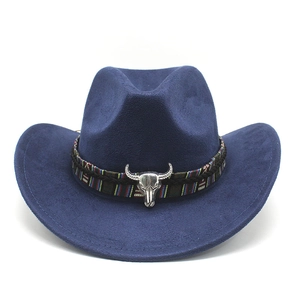 Deep blue suede western cowboy hat with ethnic band and silver bull head ornament