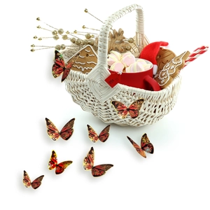 Detailed 3D Christmas butterfly stickers with snowflake patterns in a festive gift basket