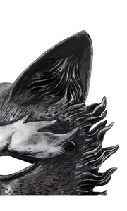 Close-up of the realistic silver wolf hair texture and eye detail on the party mask