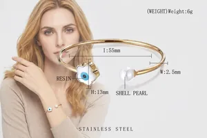 Detailed size chart for stainless steel evil eye bangle with pearl and resin flower details
