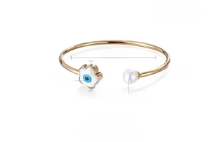 Detailed size chart for stainless steel evil eye bangle with pearl and resin flower details