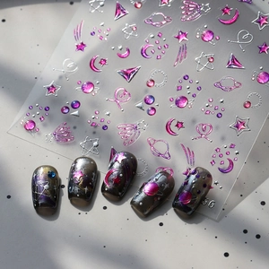 3D embossed moon and star nail art stickers with metallic pink purple celestial patterns