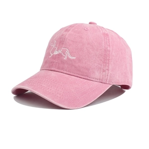 Detailed embroidery of a dachshund silhouette and love text on pink washed cotton cap
