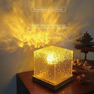 Dynamic Water Ripple Night Light Rotating Atmosphere Lamp Acrylic Crystal Cube Wood Base RGB USB Remote Touch Control Decor