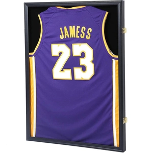 Black wooden jersey shadow box display case with gold hinges and glass front