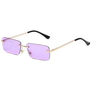Rimless rectangular sunglasses with purple lenses and slim golden metal frames for women