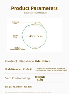 Detailed product parameters of beaded necklace with turquoise, pearl and stainless steel