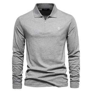 Men Long Sleeve Polo Shirt Cotton Breathable Zipper Lapel Solid Color Embroidered Slim Fit Casual Top