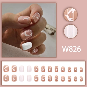 Quadratische weiße Möwen-Press-on-Nägel Set mit 24 glänzenden nude-rosa Kunstnägeln