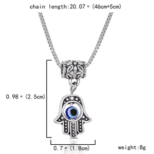 Silver box chain necklace with Hamsa Hand blue evil eye pendant and detailed sizing info