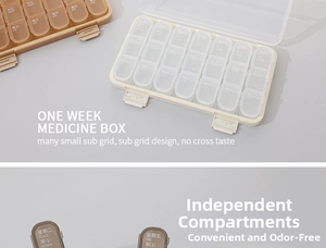 Detail view of the 21-compartment weekly pill organizer with daily morning noon and night slots