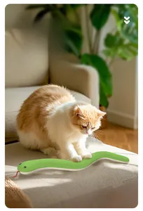 Orange cat playing with a green snake-shaped plush toy on a light-colored sofa