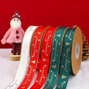 Christmas Ribbon Gold Stamped Grosgrain Fabric Gift Wrap Flower Decor Holiday Party Elegant Xmas Tree Merry Christmas
