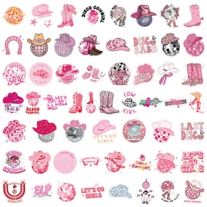 Flat lay collection of pink Disco Cowgirl waterproof stickers with cowboy boots and hats