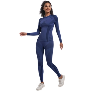Detail of dark blue seamless thermal compression yoga set showing breathable knit texture