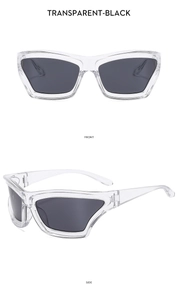 Front and side views of transparent black mask-shaped sunglasses with dark grey lenses