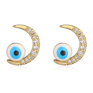 Irregular geometric crescent moon and blue evil eye stud earrings with gold plating