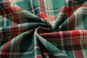 Detail showing the texture and classic red, green, and blue plaid pattern of the tablecloth