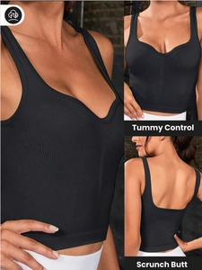 Ribbed black crop top sports bra with tummy control and wide shoulder straps