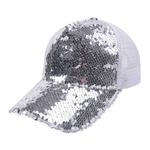 Detail of silver sequined baseball cap showing reflective sequins and breathable mesh