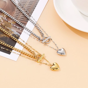 Double-layered gold and silver heart pendant necklaces with OT buckle and chunky chains