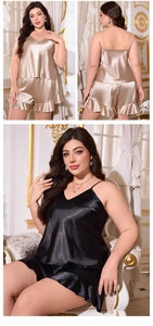 Detail von Plus Size Satin Schlafanzug Set mit V-Ausschnitt Top und Rüschenshorts
