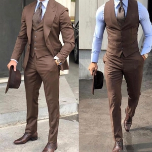 Classic brown three-piece slim fit suit with blazer, vest and trousers for formal weddings