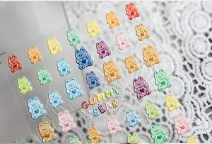 Close-up of 3D embossed gummy bear nail stickers with vibrant colors and gloss finish