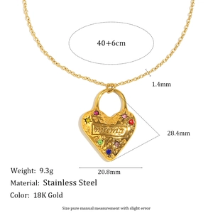 Collana con pendente a cuore in acciaio inossidabile dorato 18K, incisione mama e zirconi