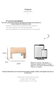 Size chart for quilted crossbody bag showing 22x16x5cm dimensions and device compatibility