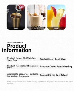 Detailed specs of 304 stainless steel cups in gold and silver with industrial design